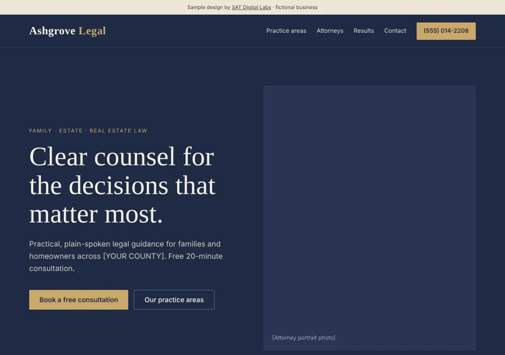 Sample law firm homepage in navy and gold