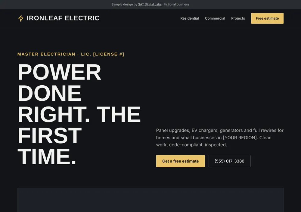 Sample electrician homepage in dark grey and gold