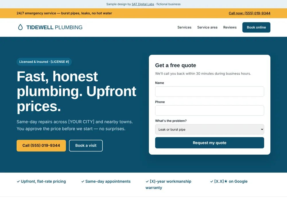 Sample plumbing company website designed by SAT Digital Labs